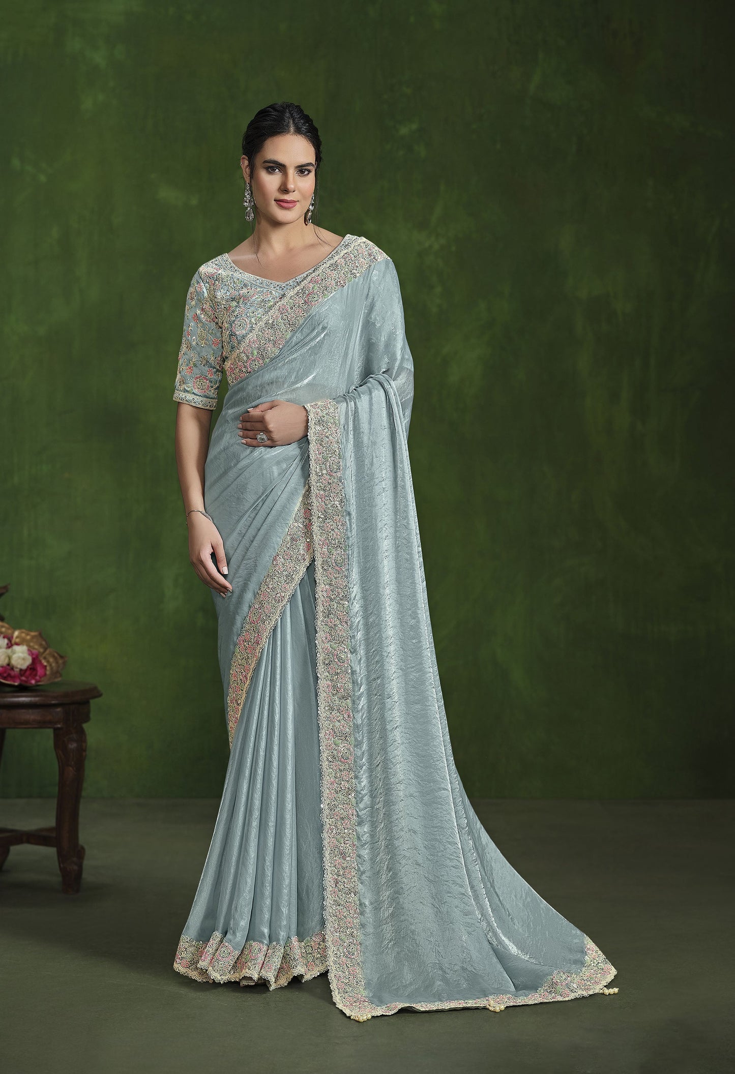 Grey 2 Tone Satin Silk Sequins Hand Work Saree