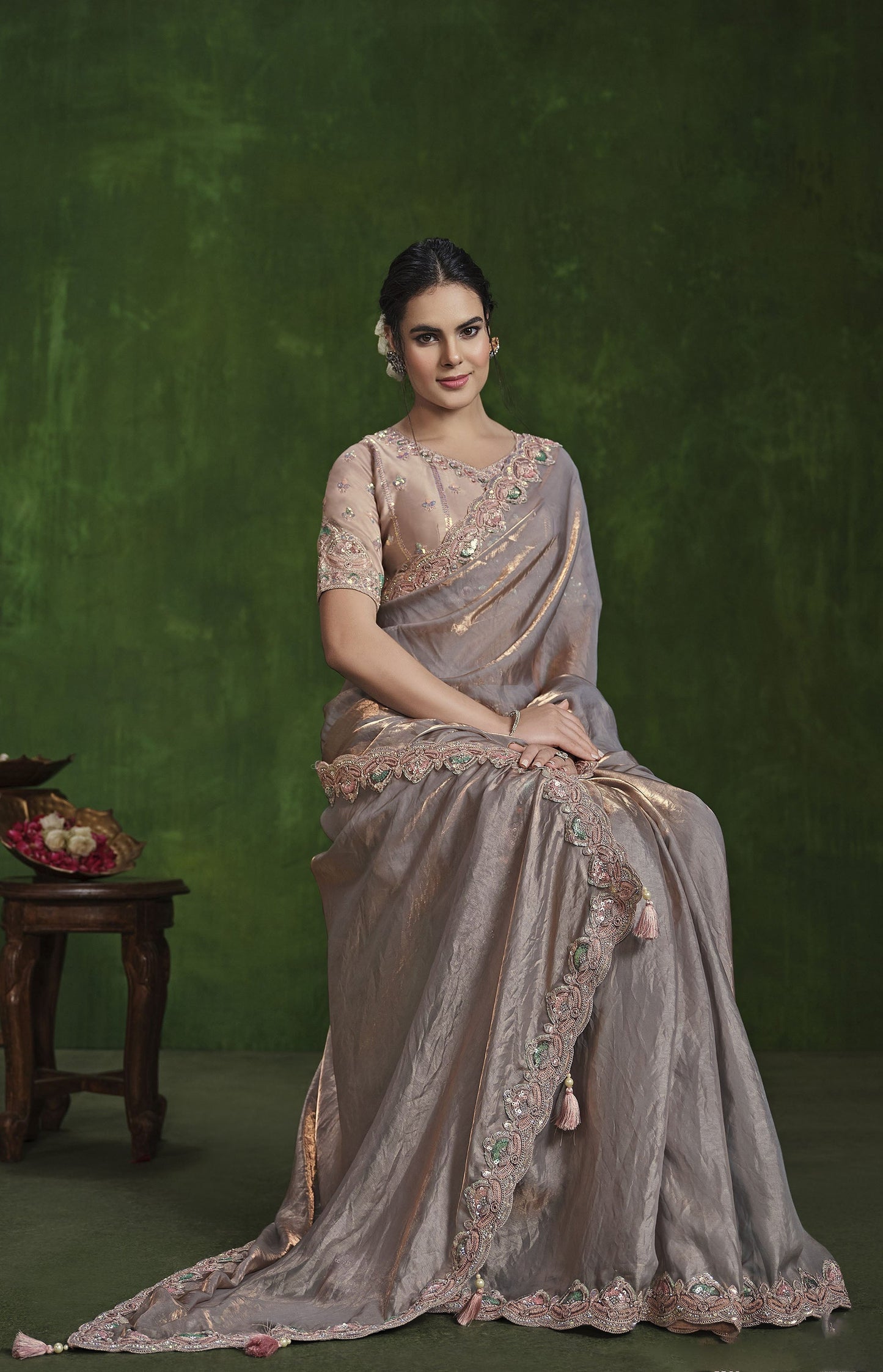 Grey & Peach 2 Tone Satin Silk Sequins & Diamond Work Saree