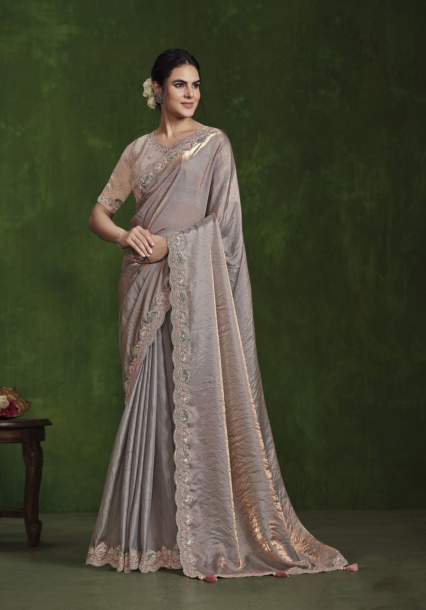 Grey & Peach 2 Tone Satin Silk Sequins & Diamond Work Saree