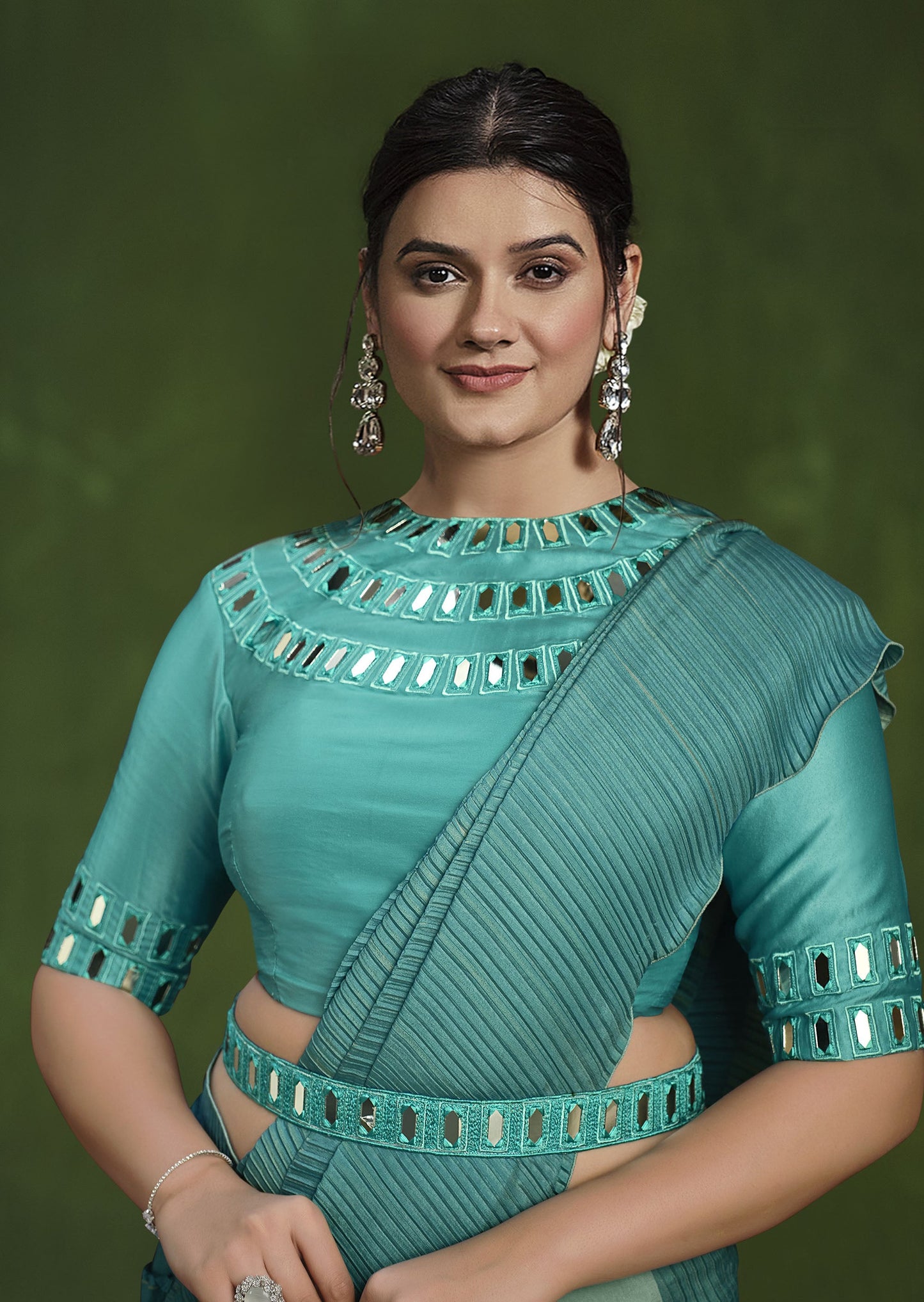 Teal Blue Crepe Silk Georgette Mirror Thread Work Saree