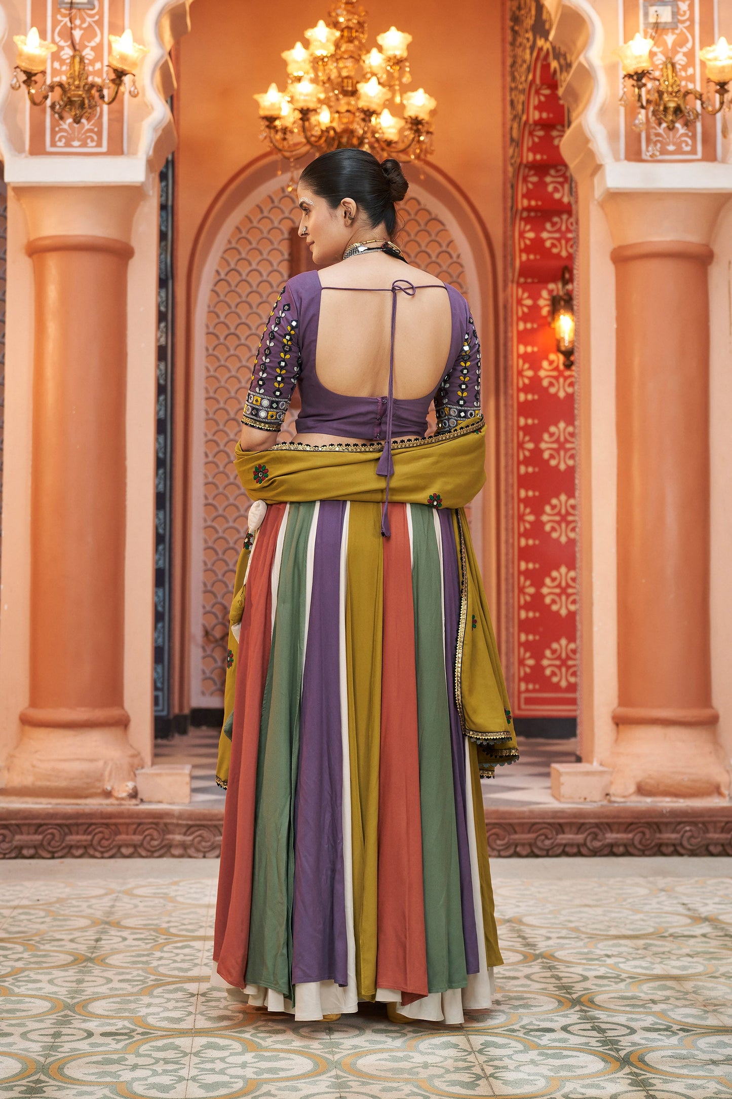 White and Purple viscose rayon Embroidered Ras Navratri Lehenga