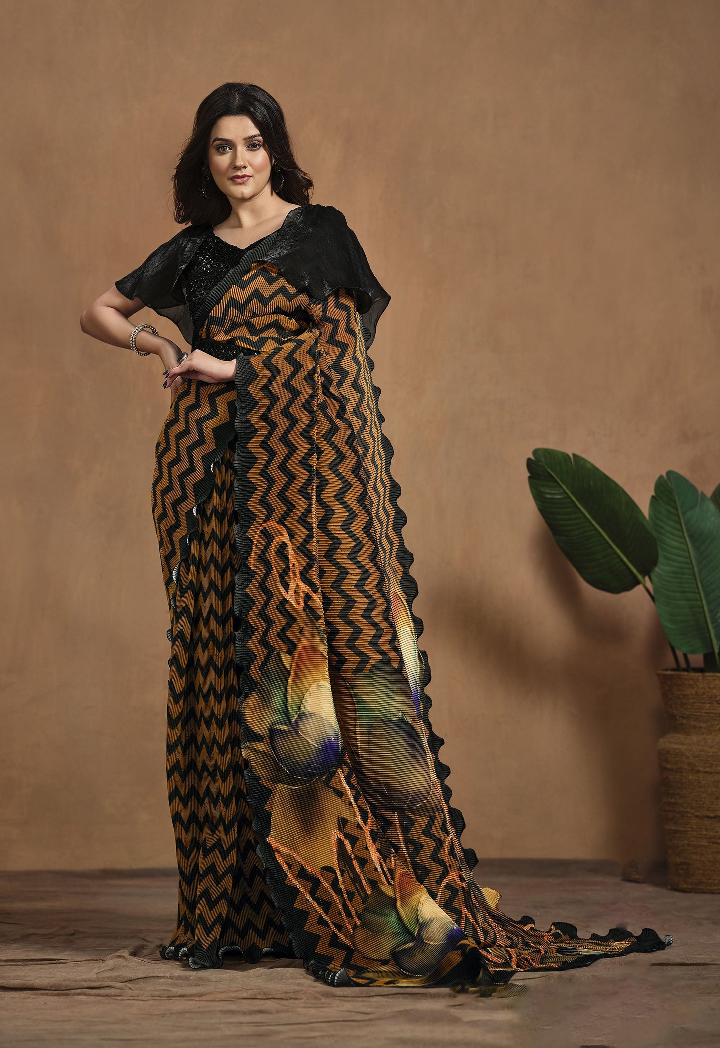 Orange & Black Satin Silk Readymade Digital Printed Saree