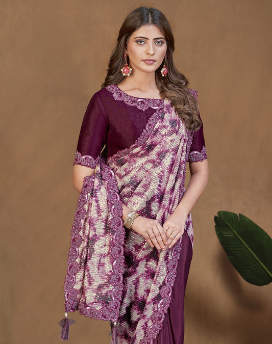 Wine Satin Crepe Silk Readymade Digital Printed Saree