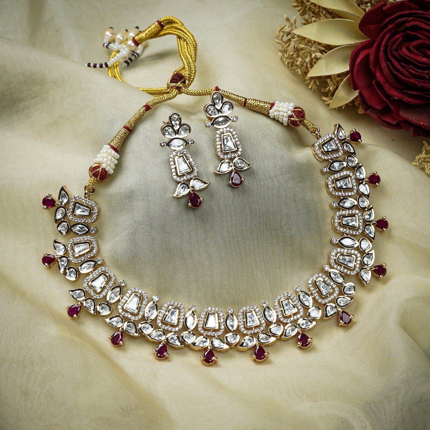 Zevar Club 22K Gold-Plated White Kundan & Ruby Pink Stone Studded Cubic Zirconia Accents Bridal Statement Necklace Set