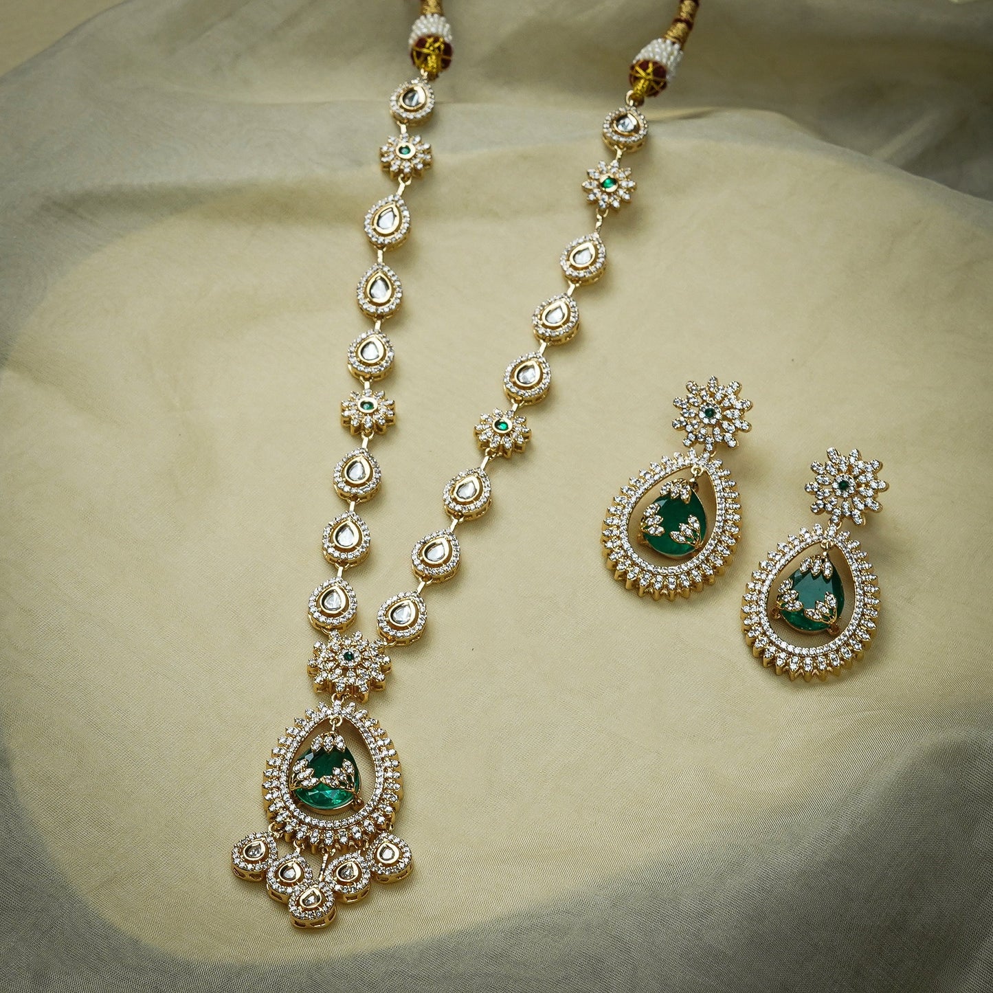 Zevar Club 22K Gold-Plated White Kundan & Emerald Green Cubic Zirconia Studded Long Statement Necklace Jewellery Set