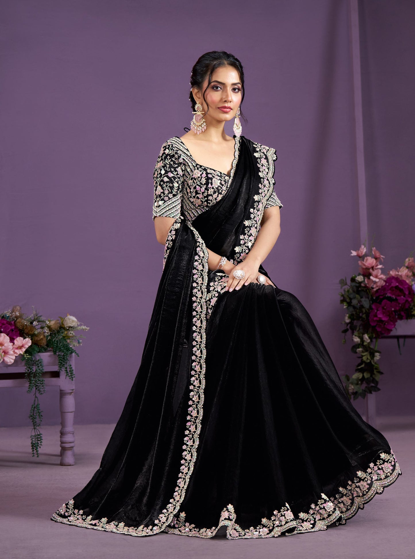 Black Two Tone Satin Silk Sequins with Hand Work Saree