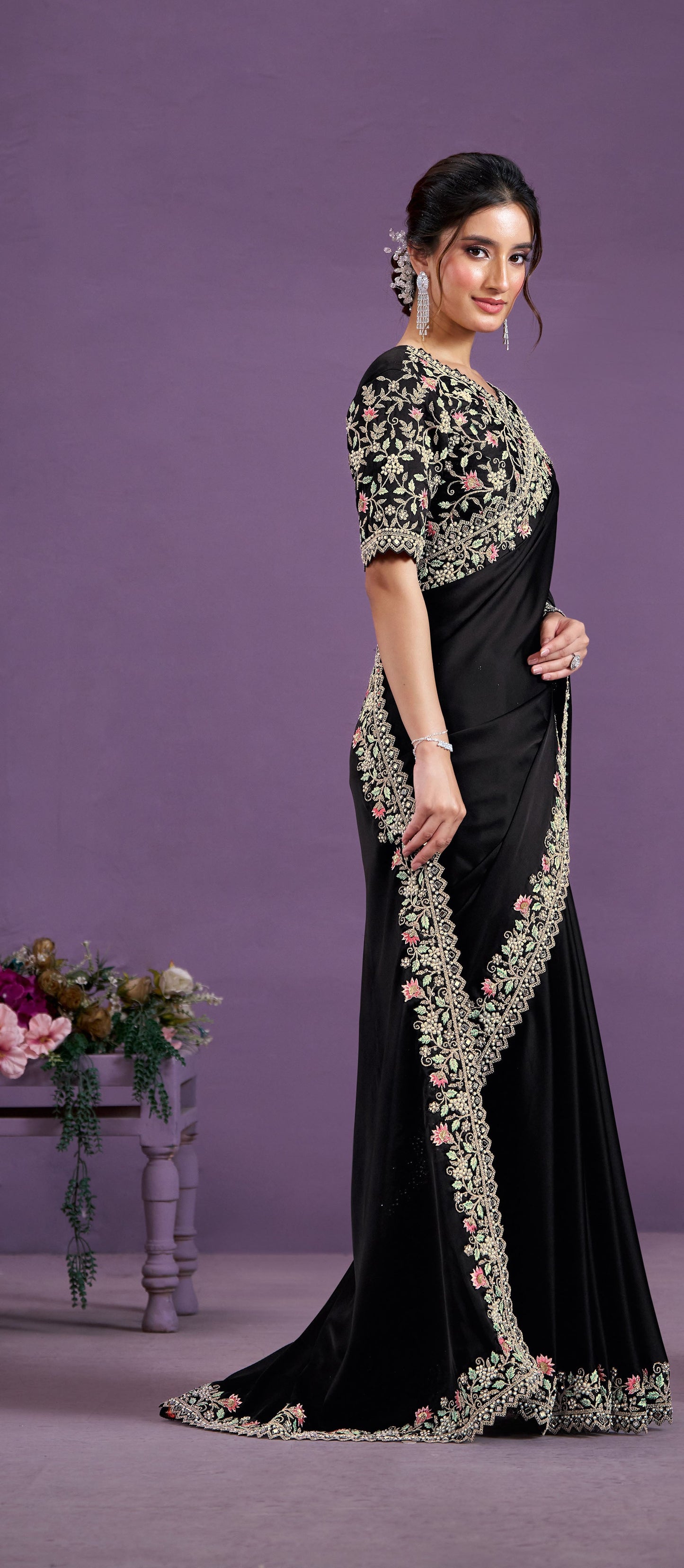 Black Satin Silk Mirror & Moti Work Party Wear Saree