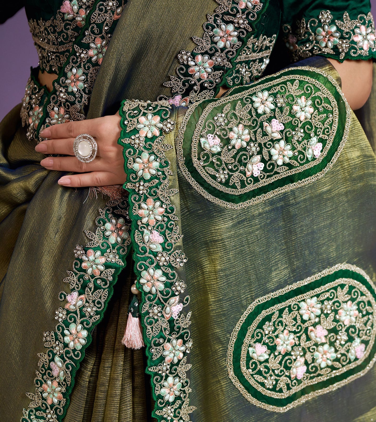 Teal Green Malai Satin Silk Sequins with Patch Work Saree