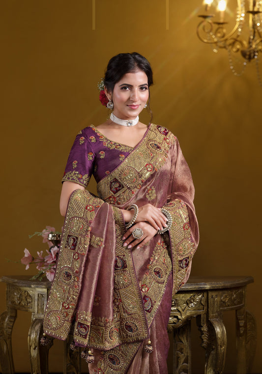 Wine and Gold Zari Organza Silk Khatli work Saree
