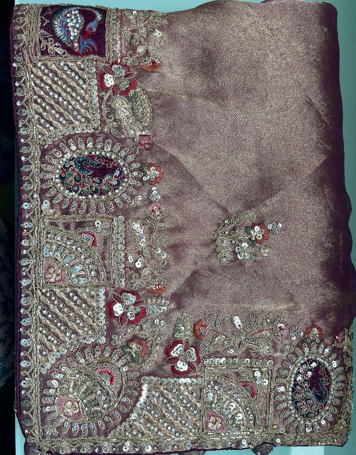 Wine and Gold Zari Organza Silk Khatli work Saree
