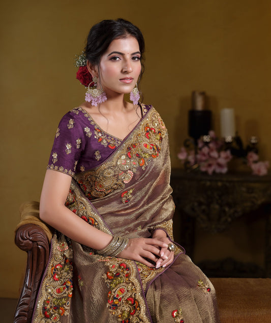 Wine Banarasi Crush Khatli work Festive Saree