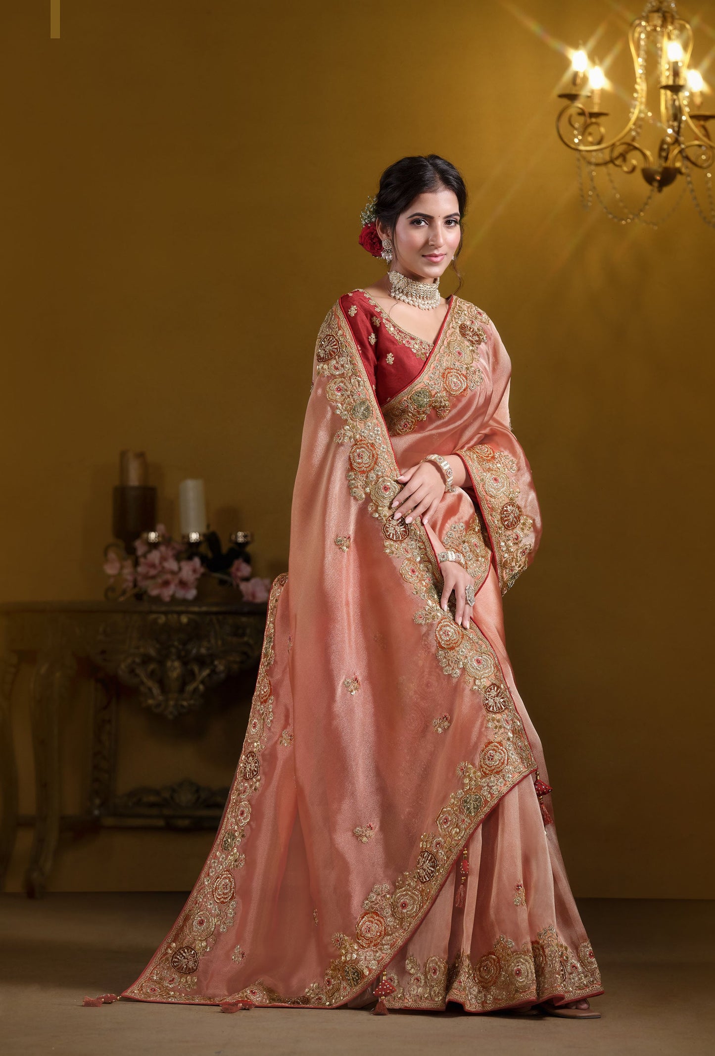 Orange Twill Tissue Khatli Work Festive Saree