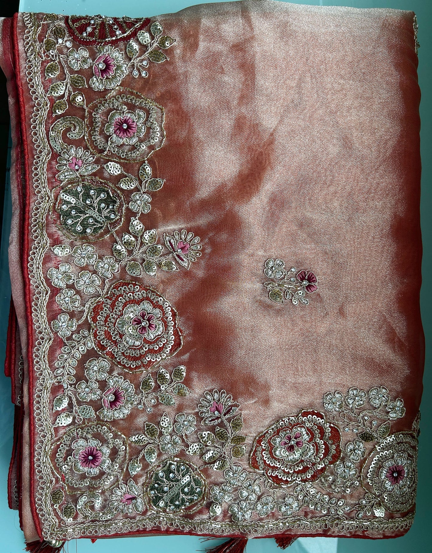 Orange Twill Tissue Khatli Work Festive Saree