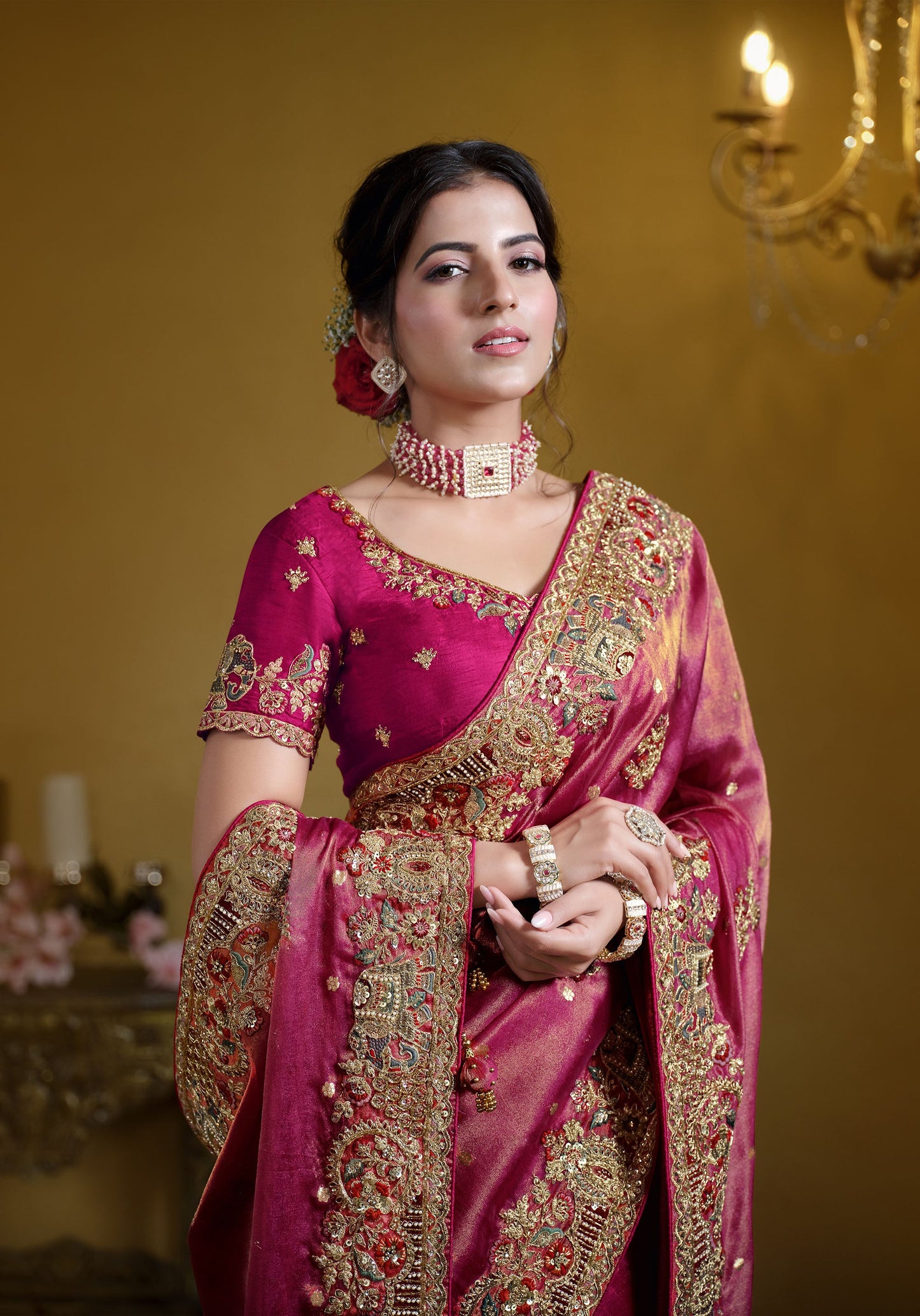 Rani Pink Zari Organza Silk Khatli work Saree