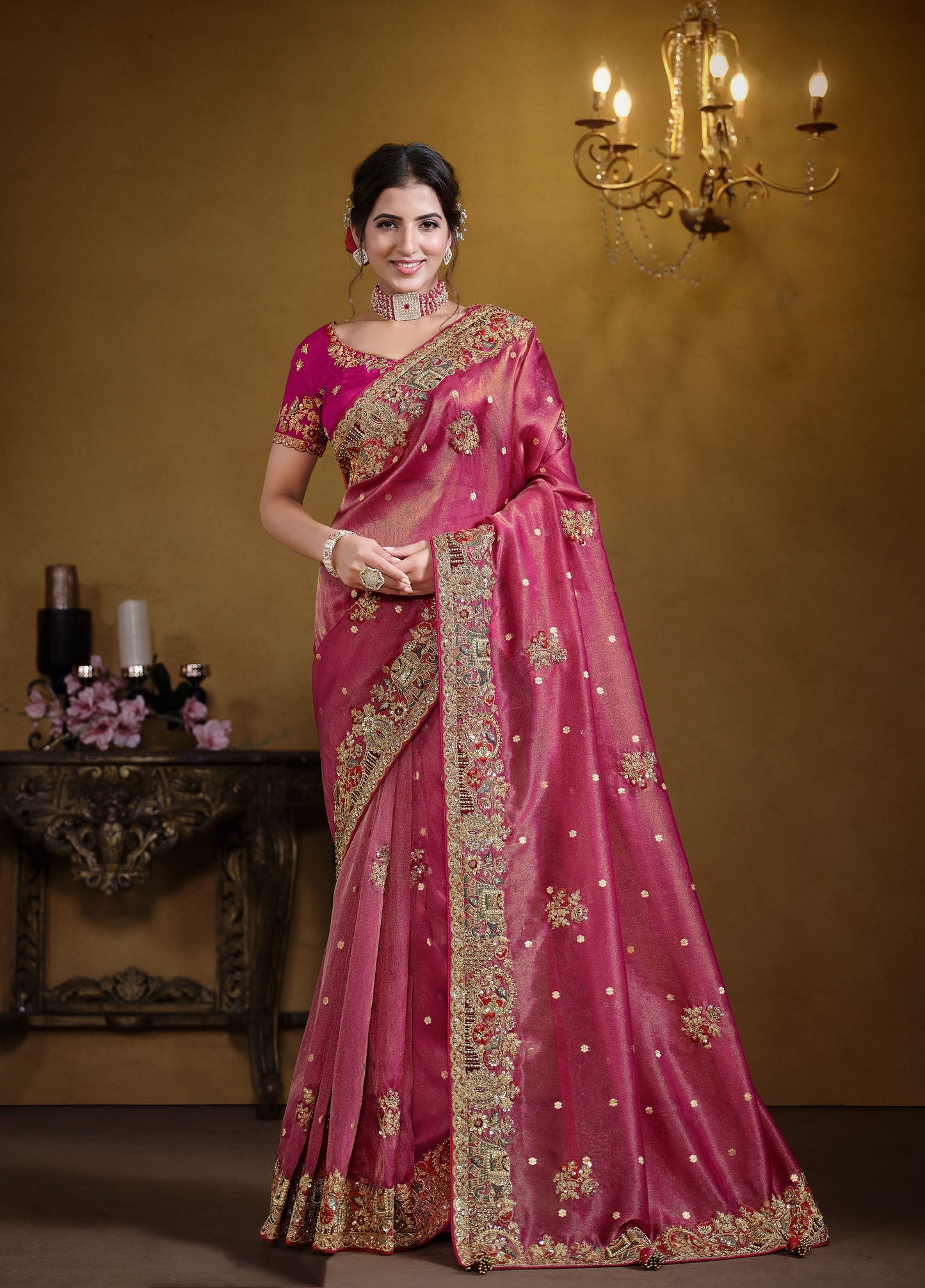 Rani Pink Zari Organza Silk Khatli work Saree