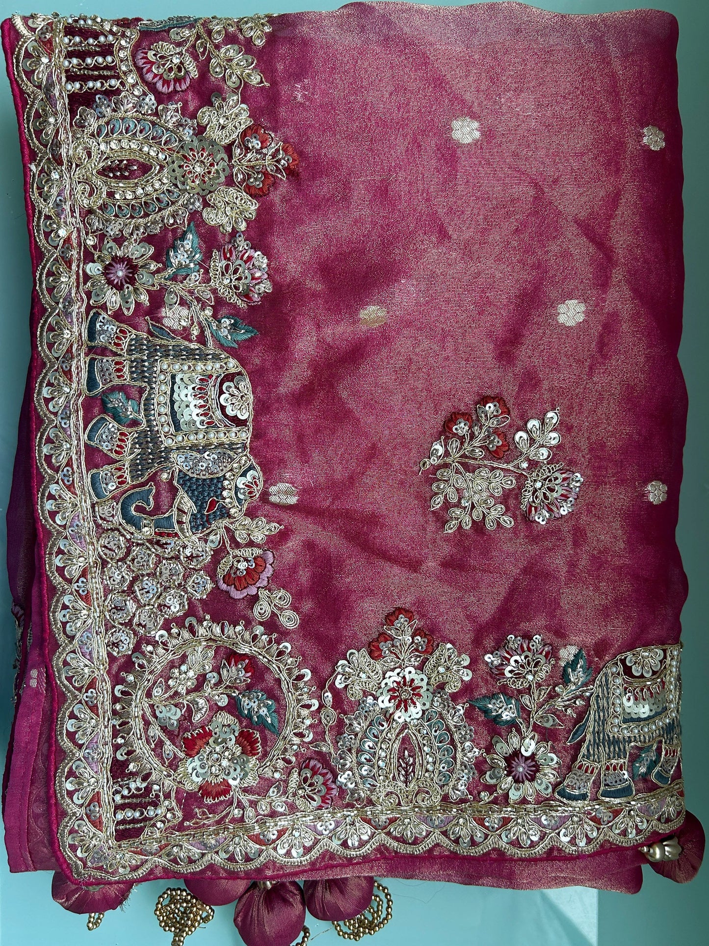Rani Pink Zari Organza Silk Khatli work Saree