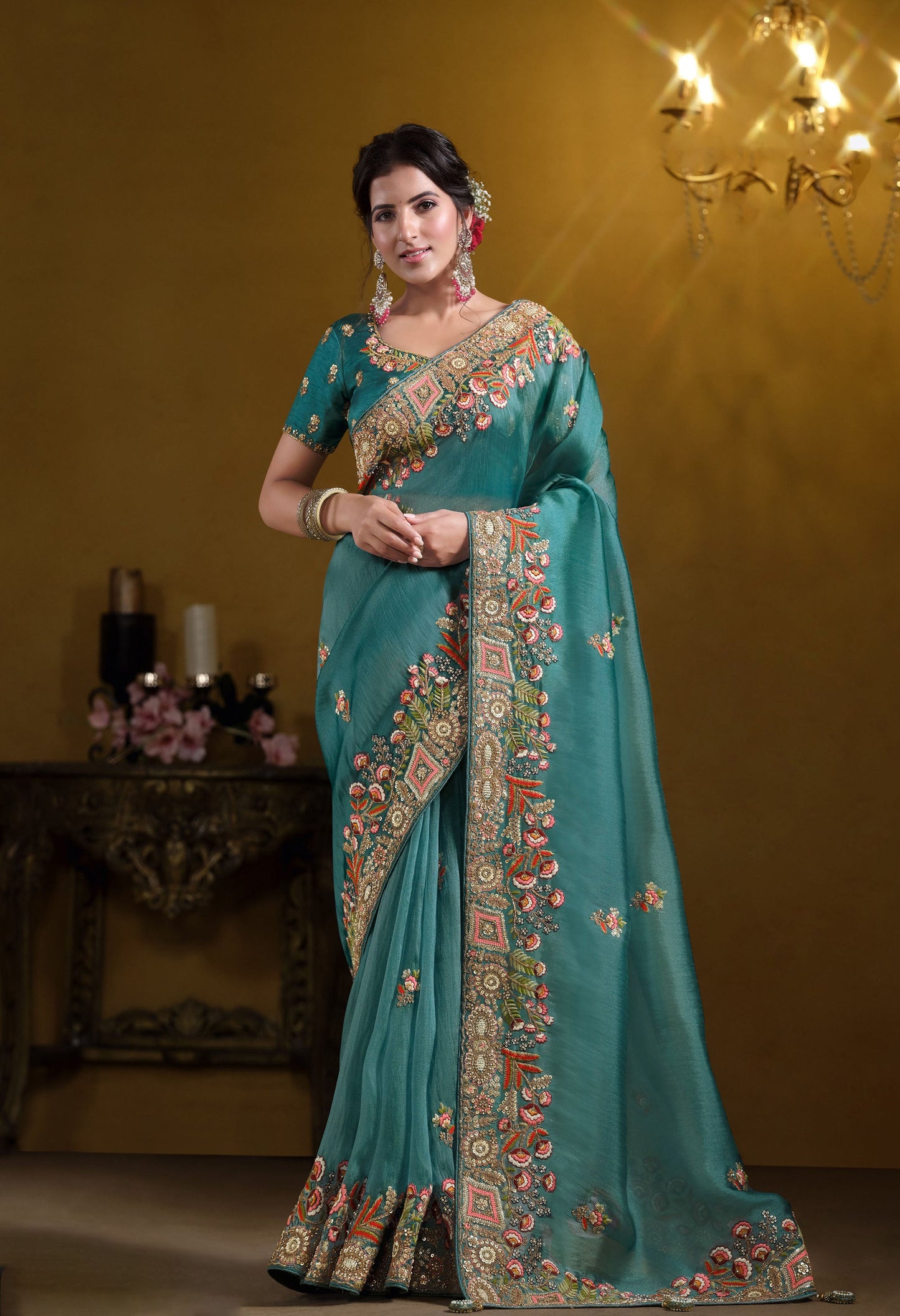 Teal Blue Twill Tissue Khatli work Saree