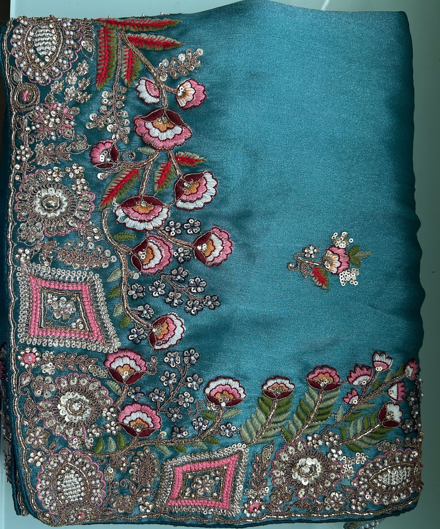 Teal Blue Twill Tissue Khatli work Saree