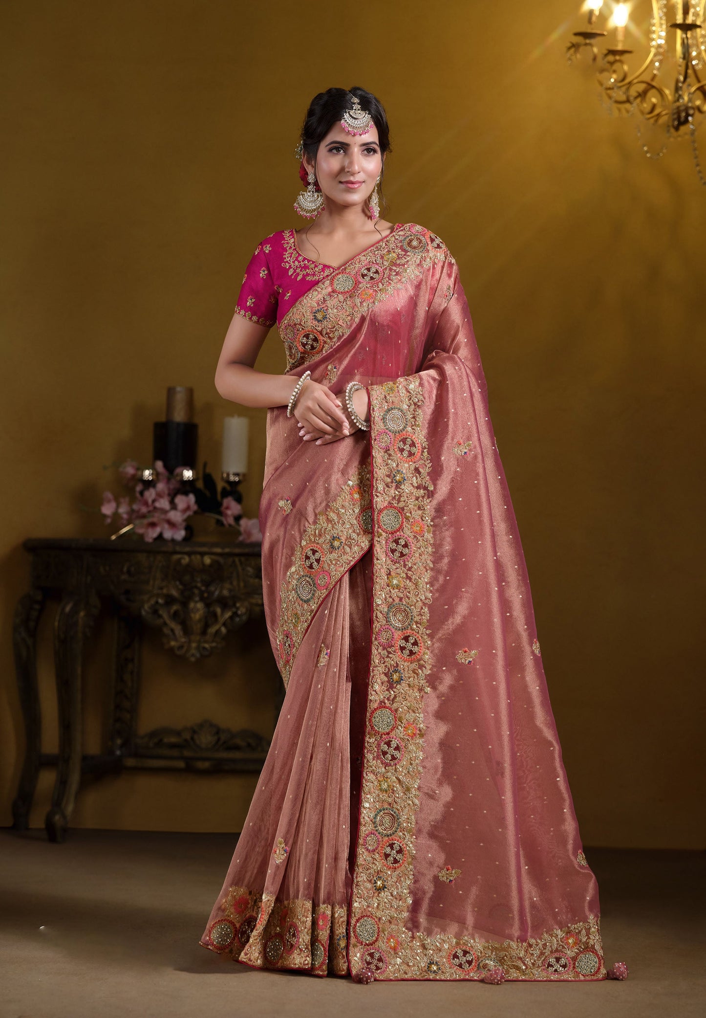 Peach Zari Organza Silk Khatli work Saree
