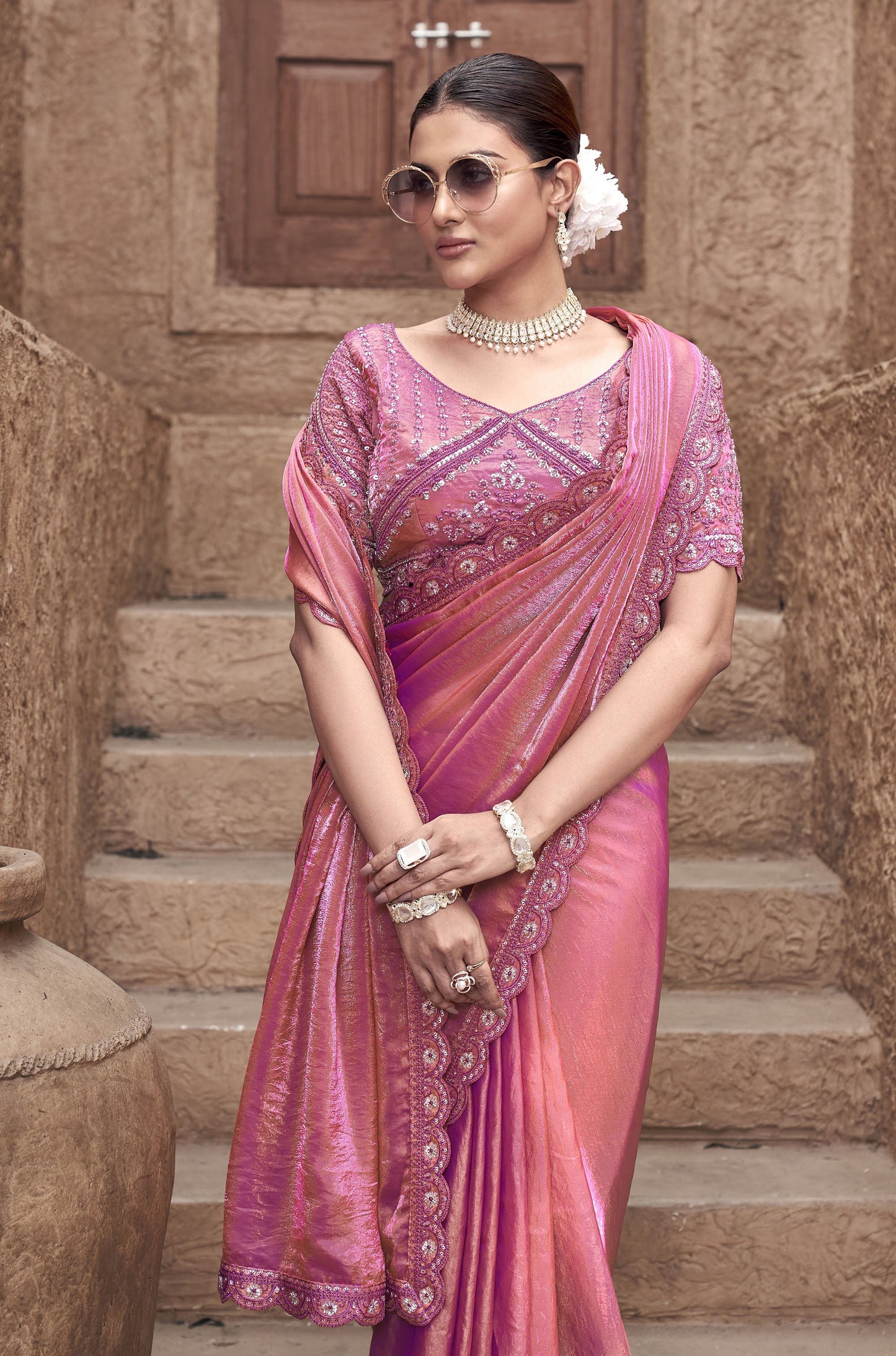 Peach Satin Silk Hand Embroidery Party Wear Saree