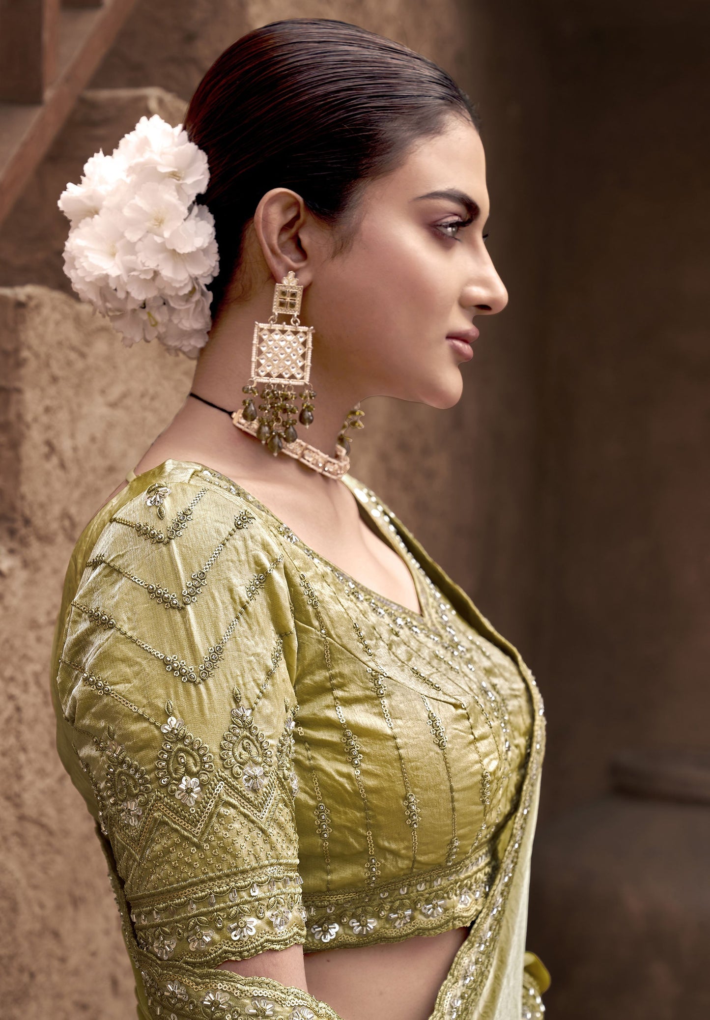 Mehendi Green Satin Silk Hand Embroidery Festive Saree