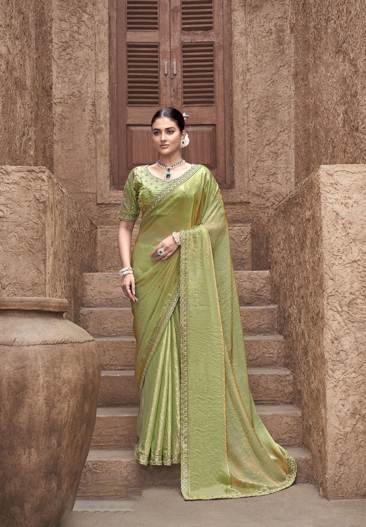 Green Satin Silk Hand Embroidery Party Wear Saree