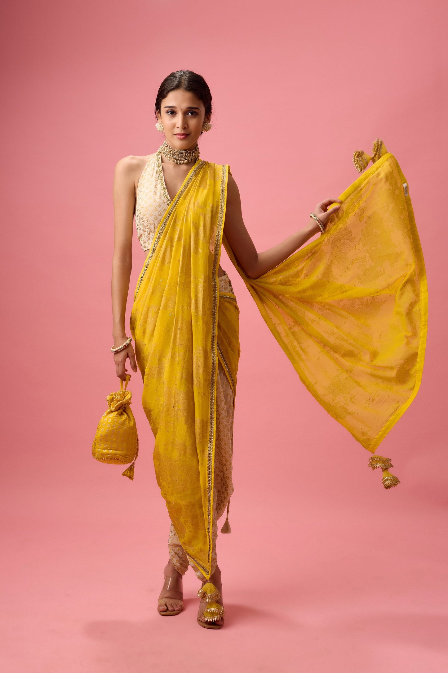 Yellow Crepe Hand embroidered dhoti saree