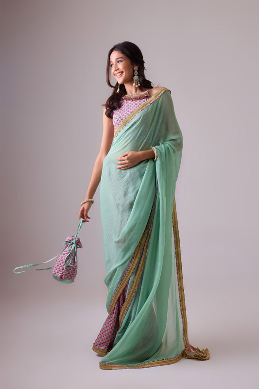 Pista Georgette saree with crepe blouse