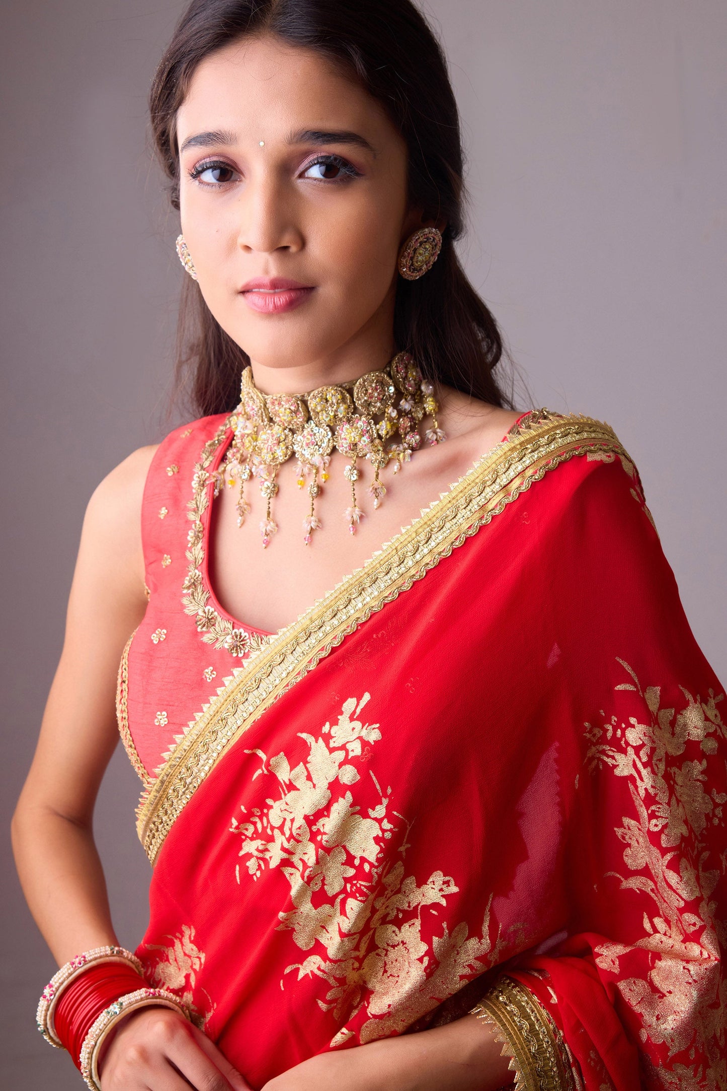 Georgette badal sitara gold foil printed saree with gota blouse