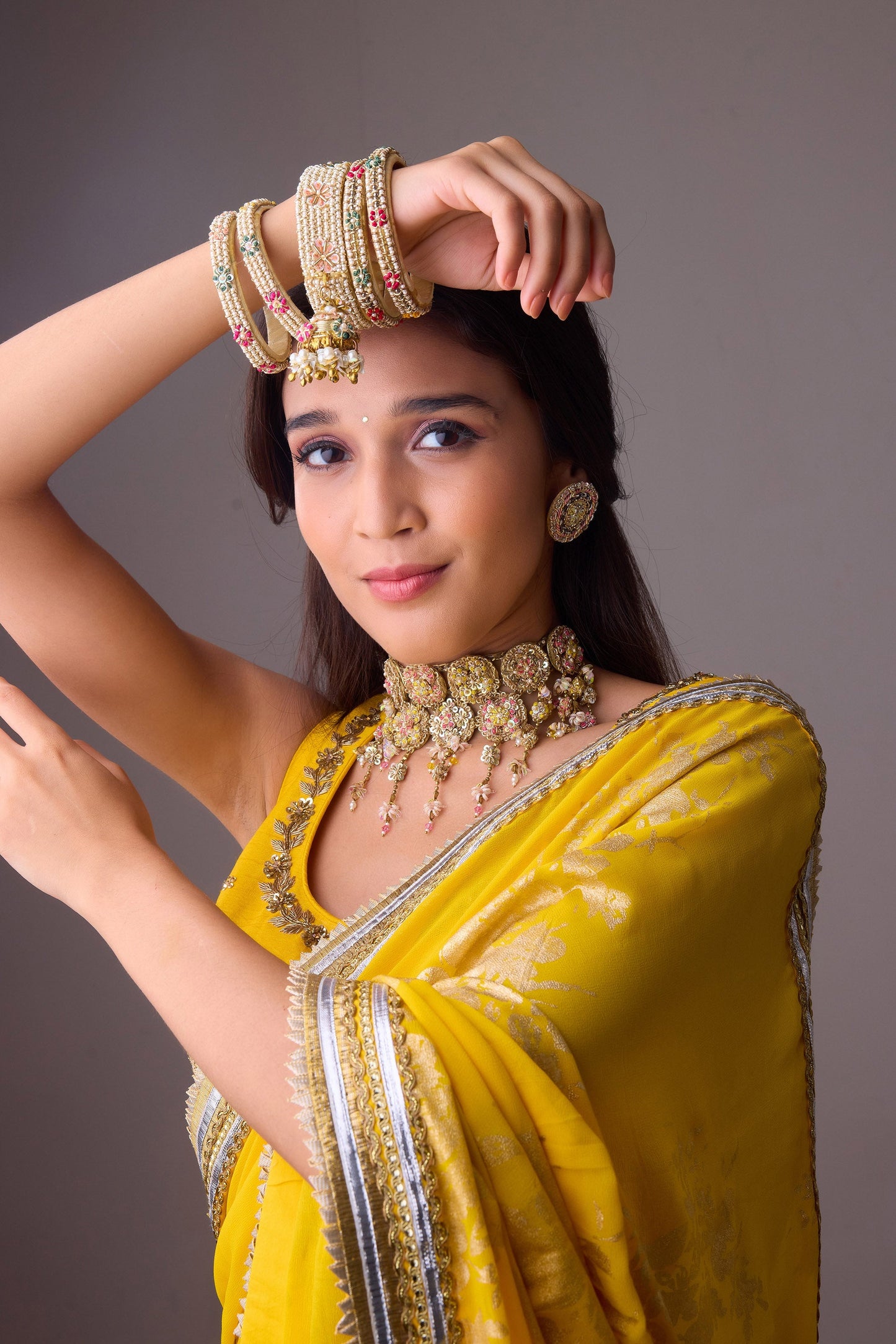 Georgette badal sitara gold foil printed saree with gota blouse