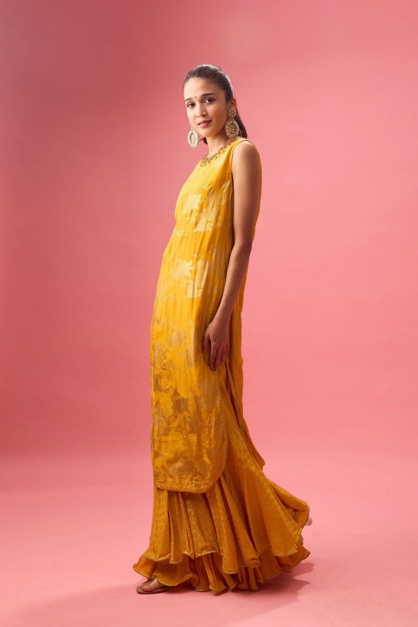 Ochre sharara set with foil printing paired with hand emb.Dupatta