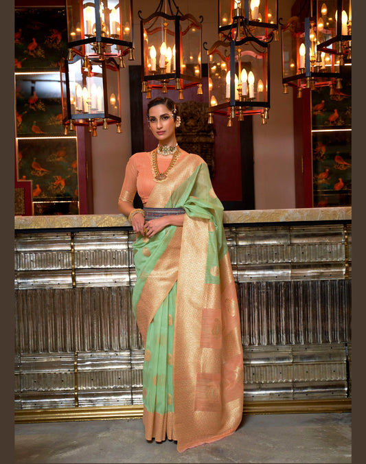 Green and Orange Linen Silk Woven Saree