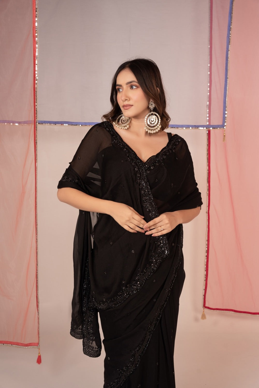 Black tissue silk saree and unstitched blouse piece