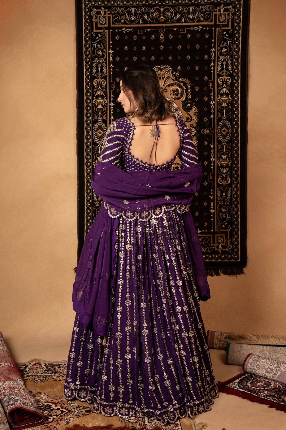 Purple georgette lehenga choli with foil mirror work