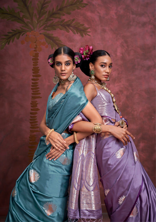 Teal Blue Kanthkala Satin  Silk Handloom Banarasi Zari Weaving Saree