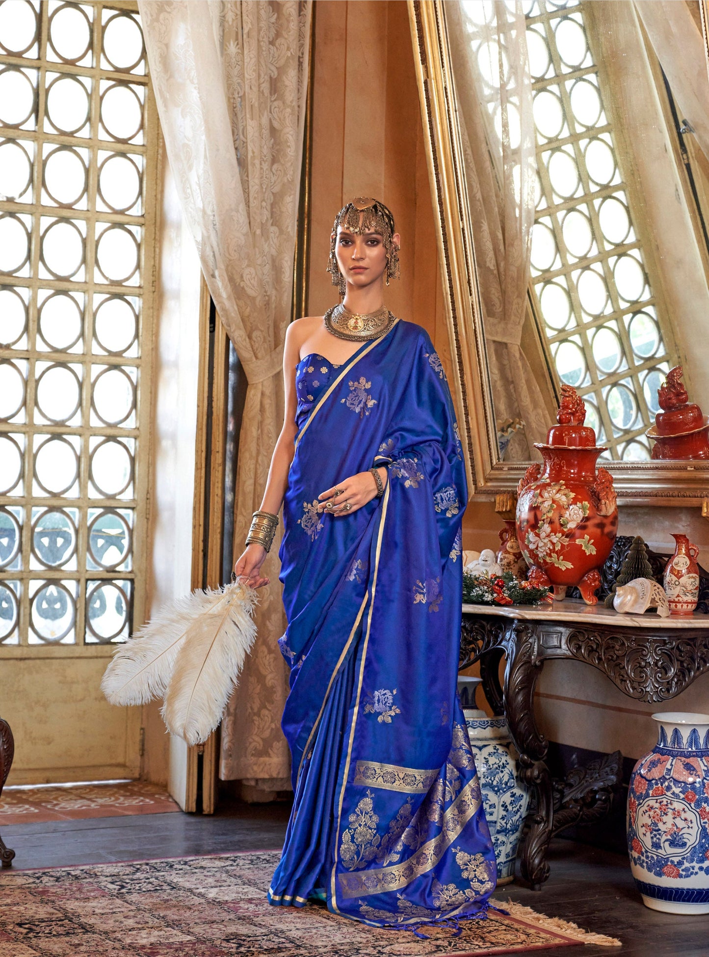Royal Blue Kanthkala Satin Silk Handloom Saree