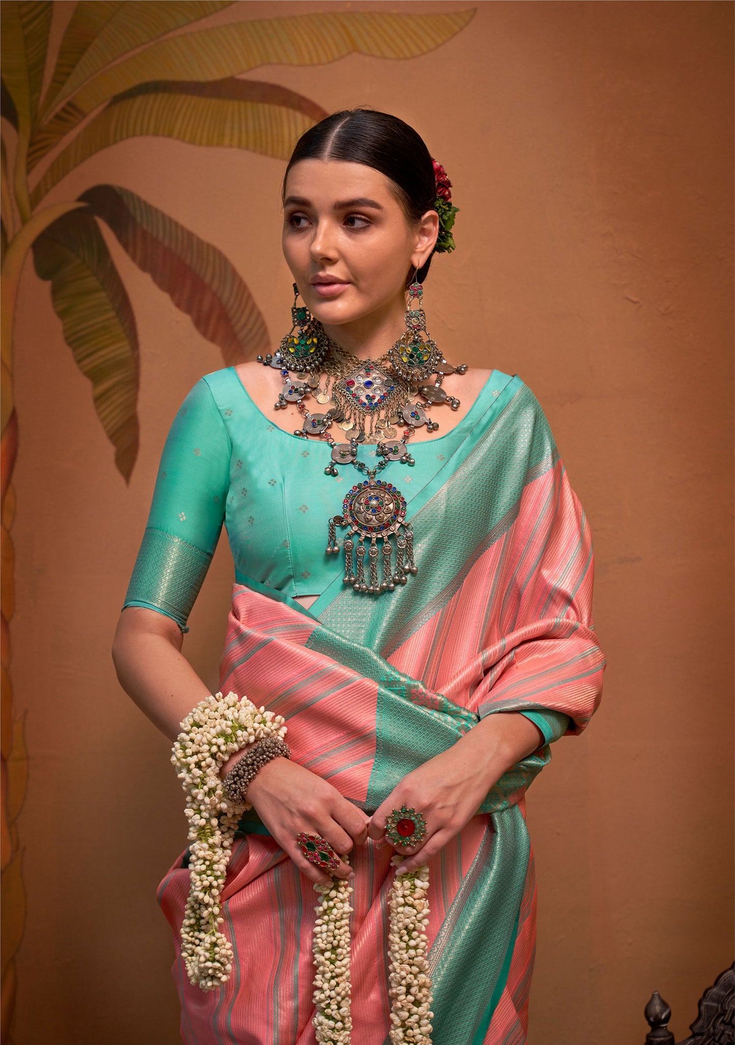 Pink and Turquoise Kalamari Handloom Silk Saree