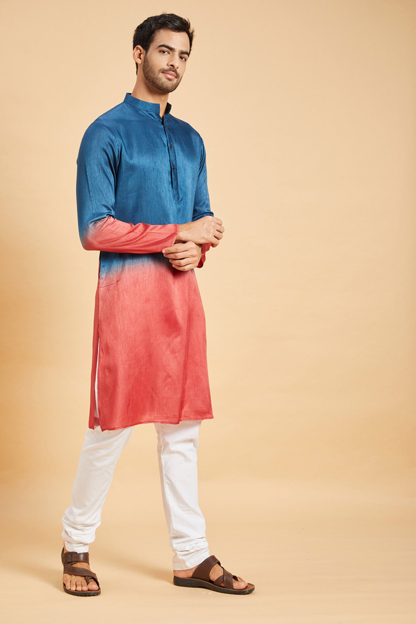 Blue & Red Raw Silk Ombre Festive ( only Kurta )