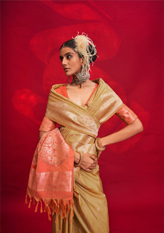 Beige Kontessa Tussar Silk Handloom Saree with ikkat Pallu