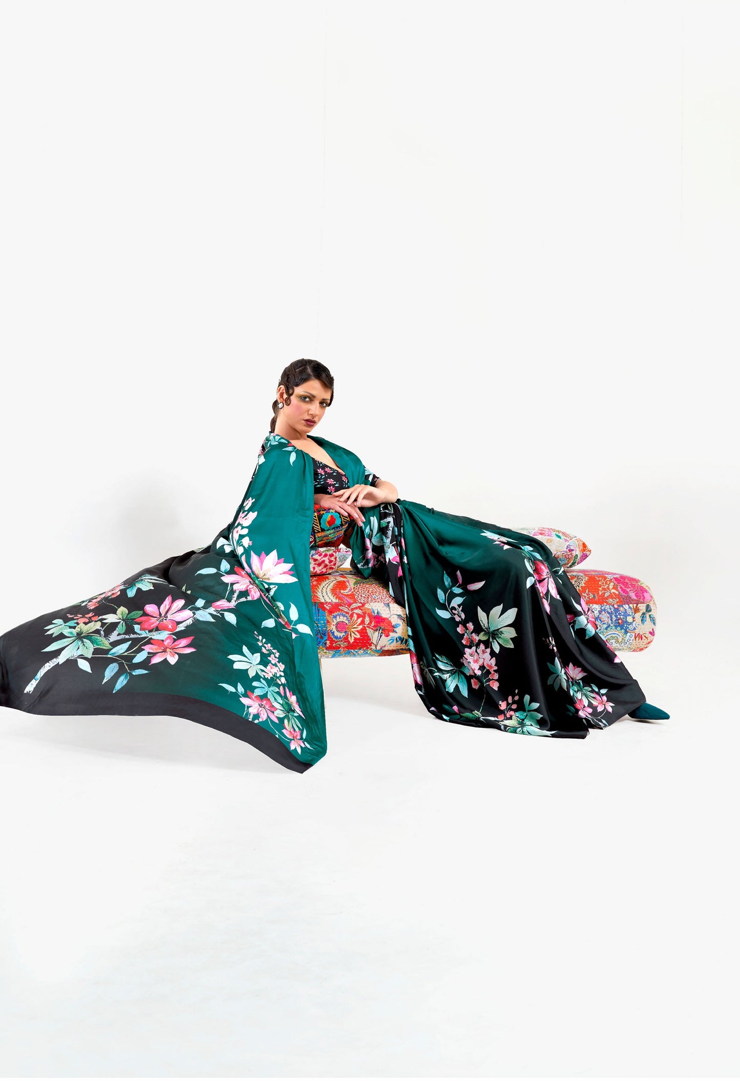 Teal Green Kazo Digital Soft Crepe Printed Saree