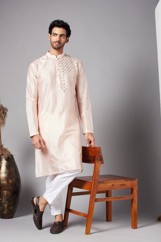 Peach Dupion Silk Mirror Work Festive ( only Kurta )