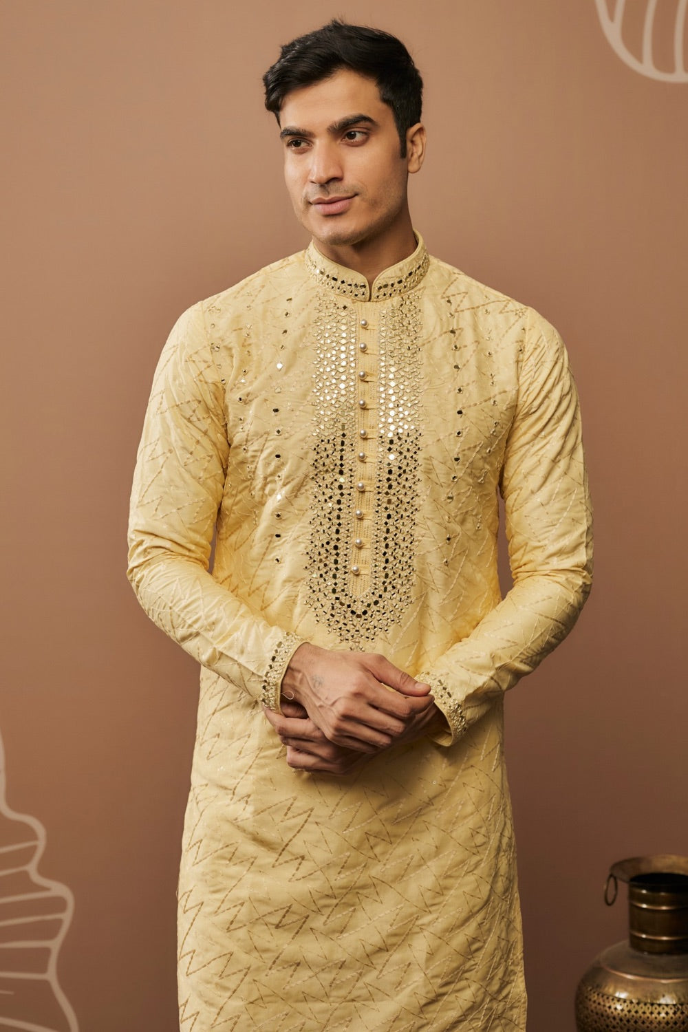 Light yellow silk kurta set with hand and machine work
