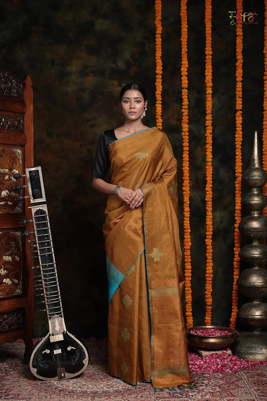 Handloom Mustard Kanchipattu Saree With Floral Zari Motifs