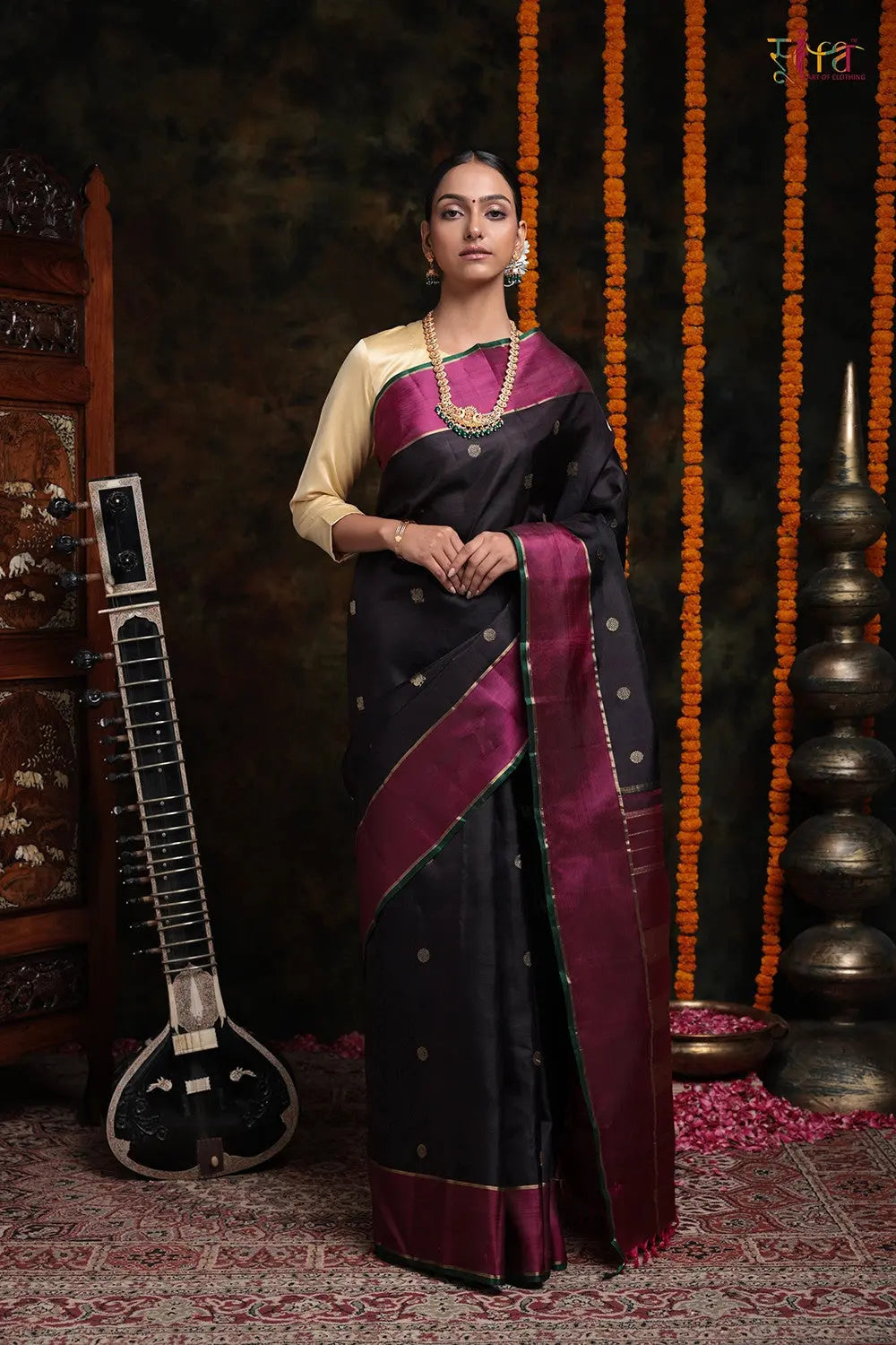 Handloom Black Kanchipattu Saree With Rudraksh Booti