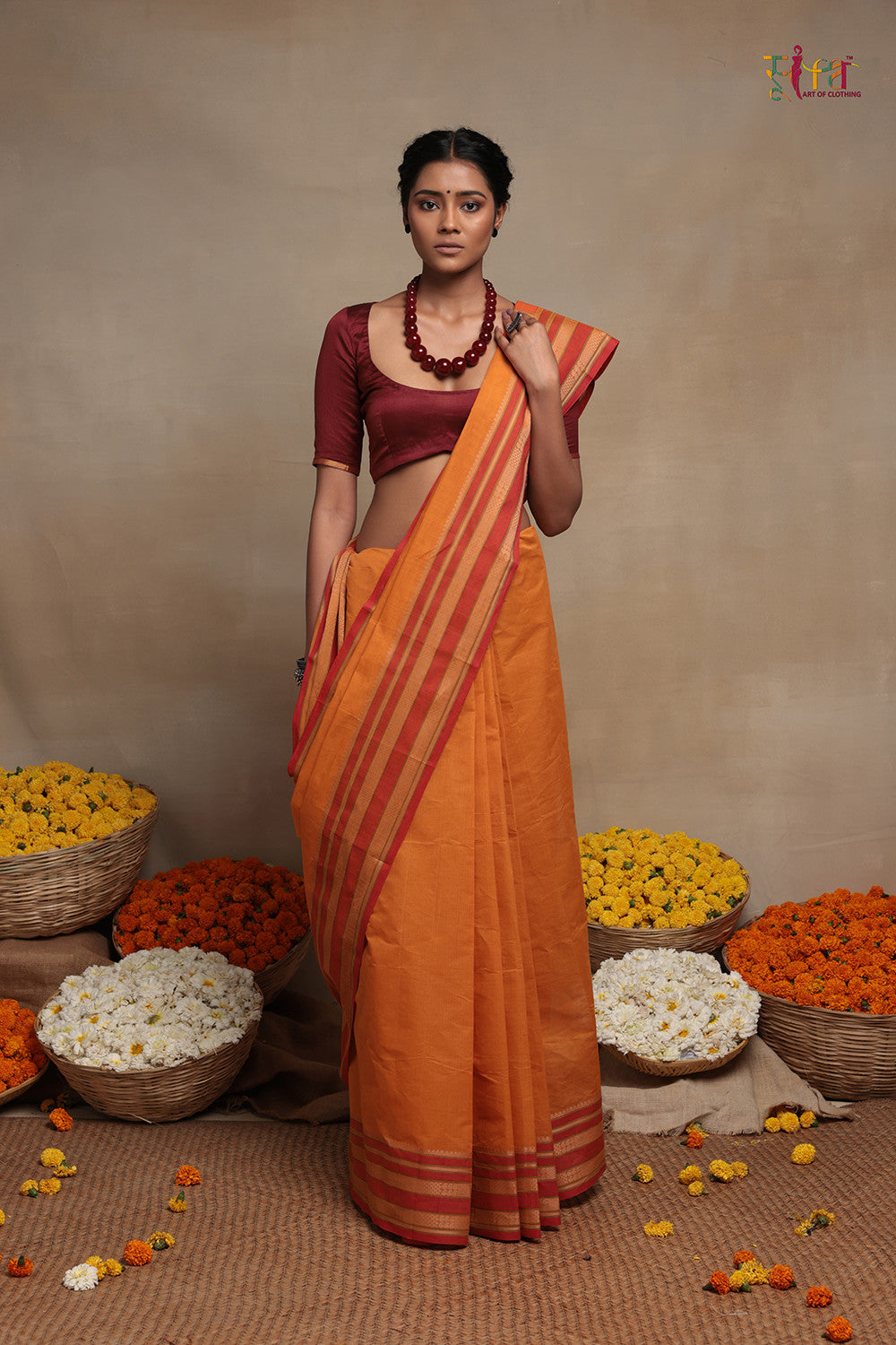 Handloom Atomic Orange Pure Cotton Kanchi Saree