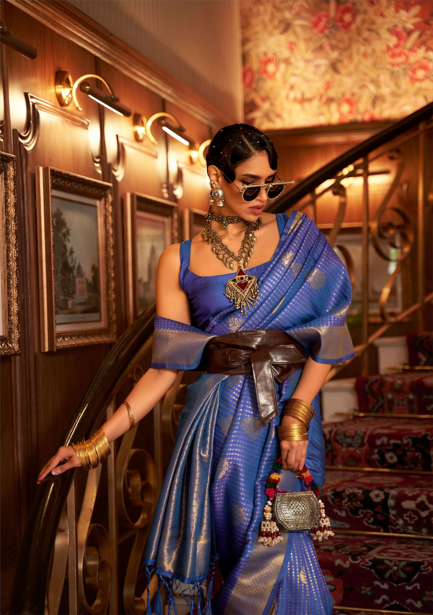 Navy Blue Kurina Silk Nylon Chinnon Saree