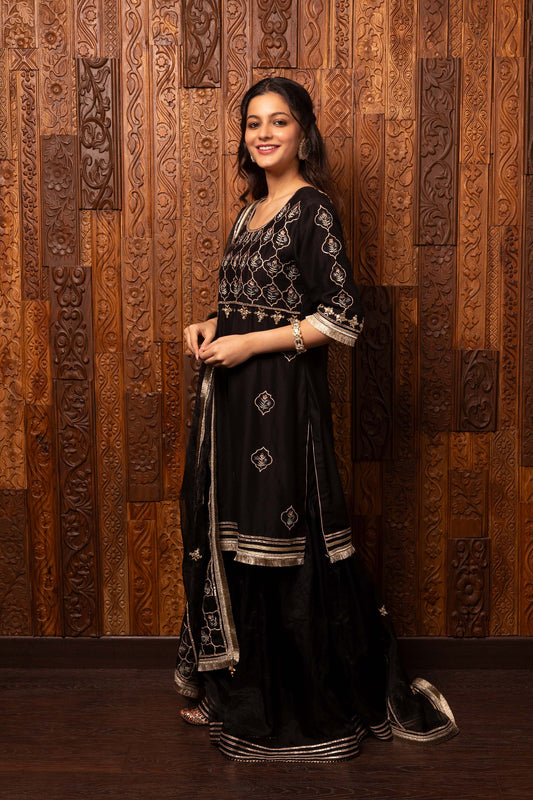 Tales of grace Black Chanderi silk Embroidered Sharara