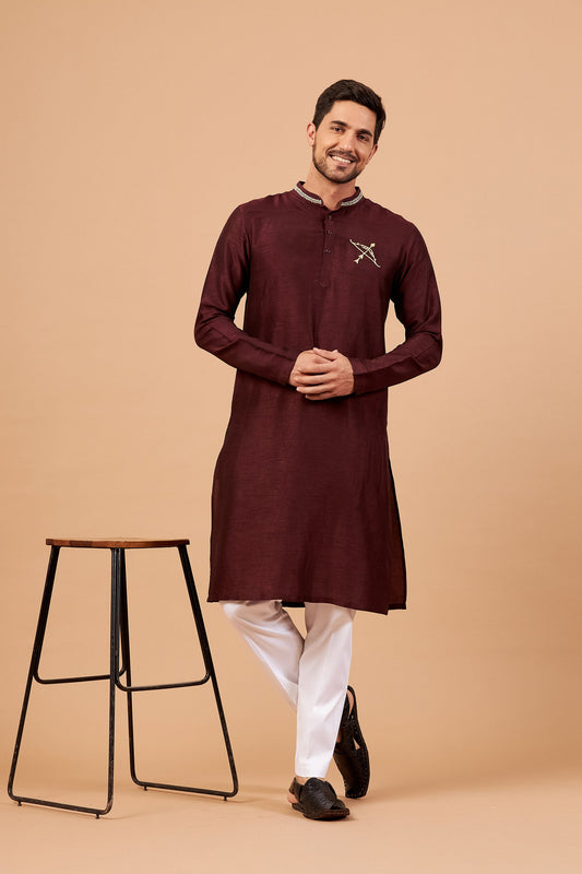 Maroon Semi Raw Silk Zari Bow & Arrow Embroidery ( only Kurta )