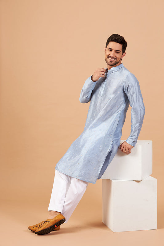 Sky Blue Semi Raw Silk Machine Embroidered Festive ( only Kurta )