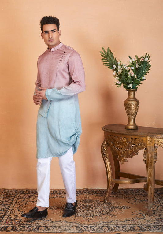 Peach & Sea Blue Raw Silk Festive ( only Kurta )